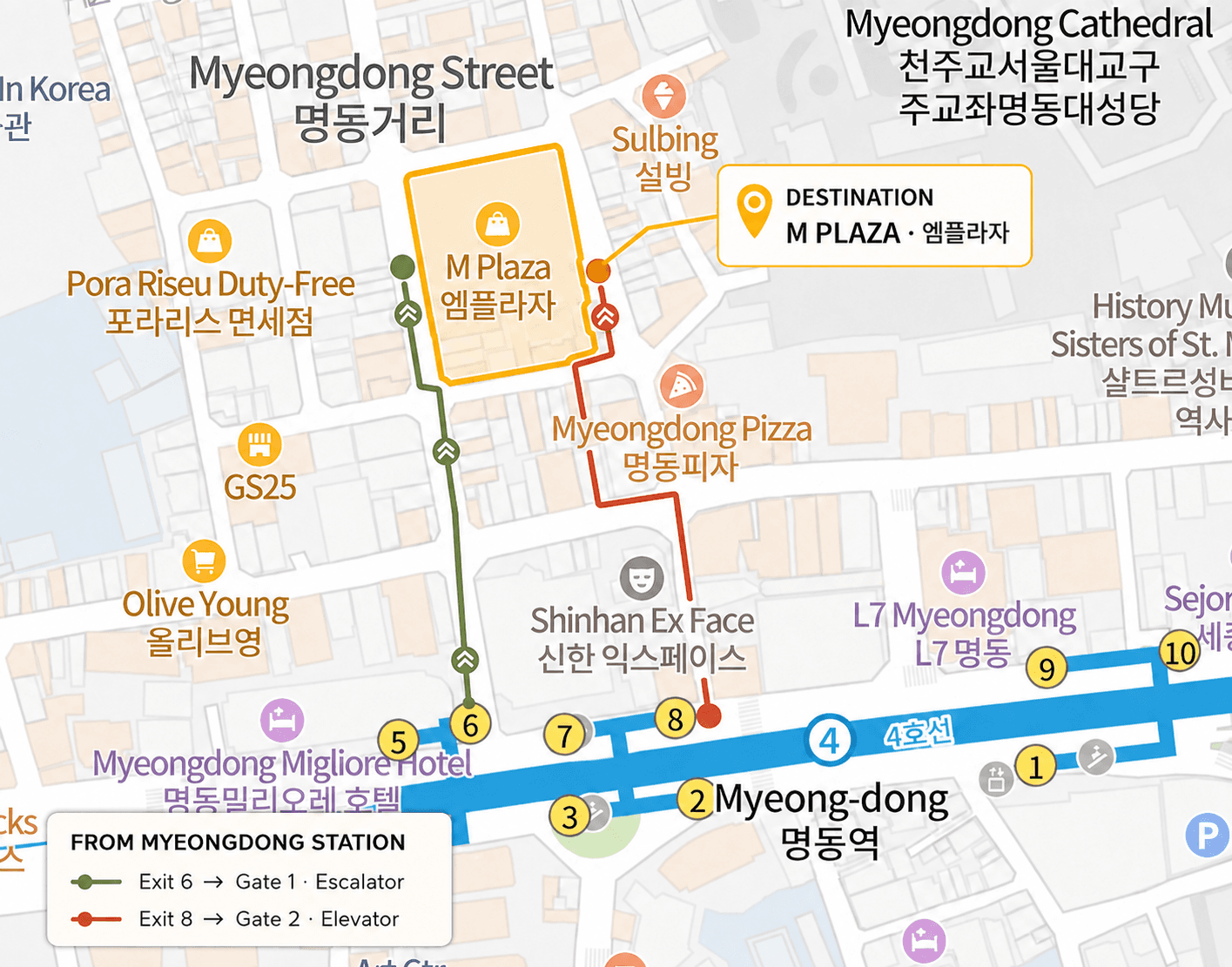 Walking map from Myeongdong Station to M Plaza